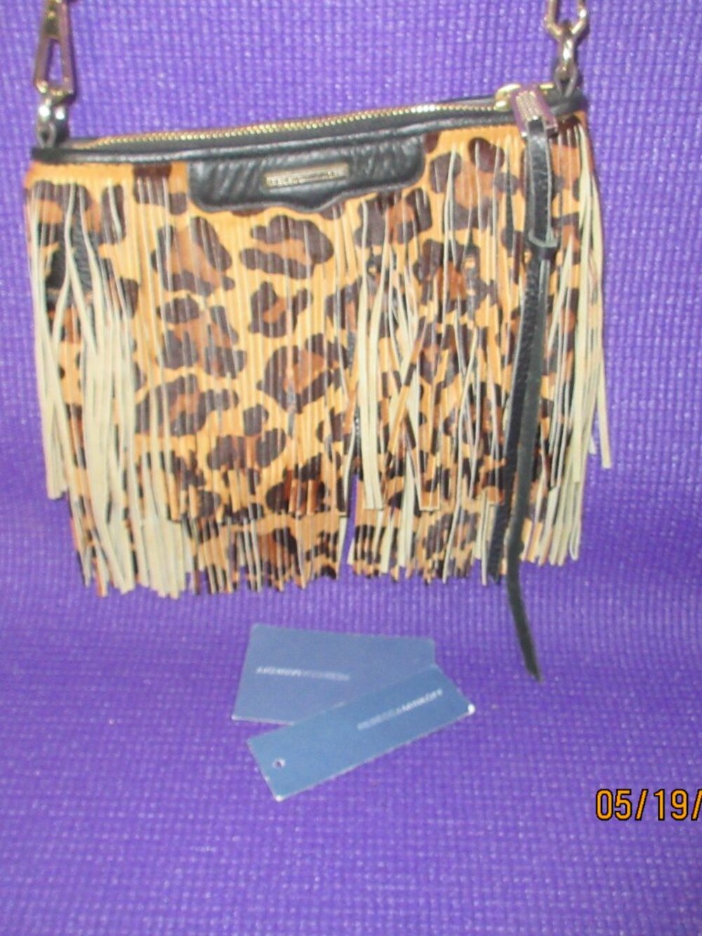 REBECCA MINKOFF~"FINN" LEOPARD PRINTED FRINGE OVER BLACK LEATHER CROSSBODY BAG - Picture 3 of 10